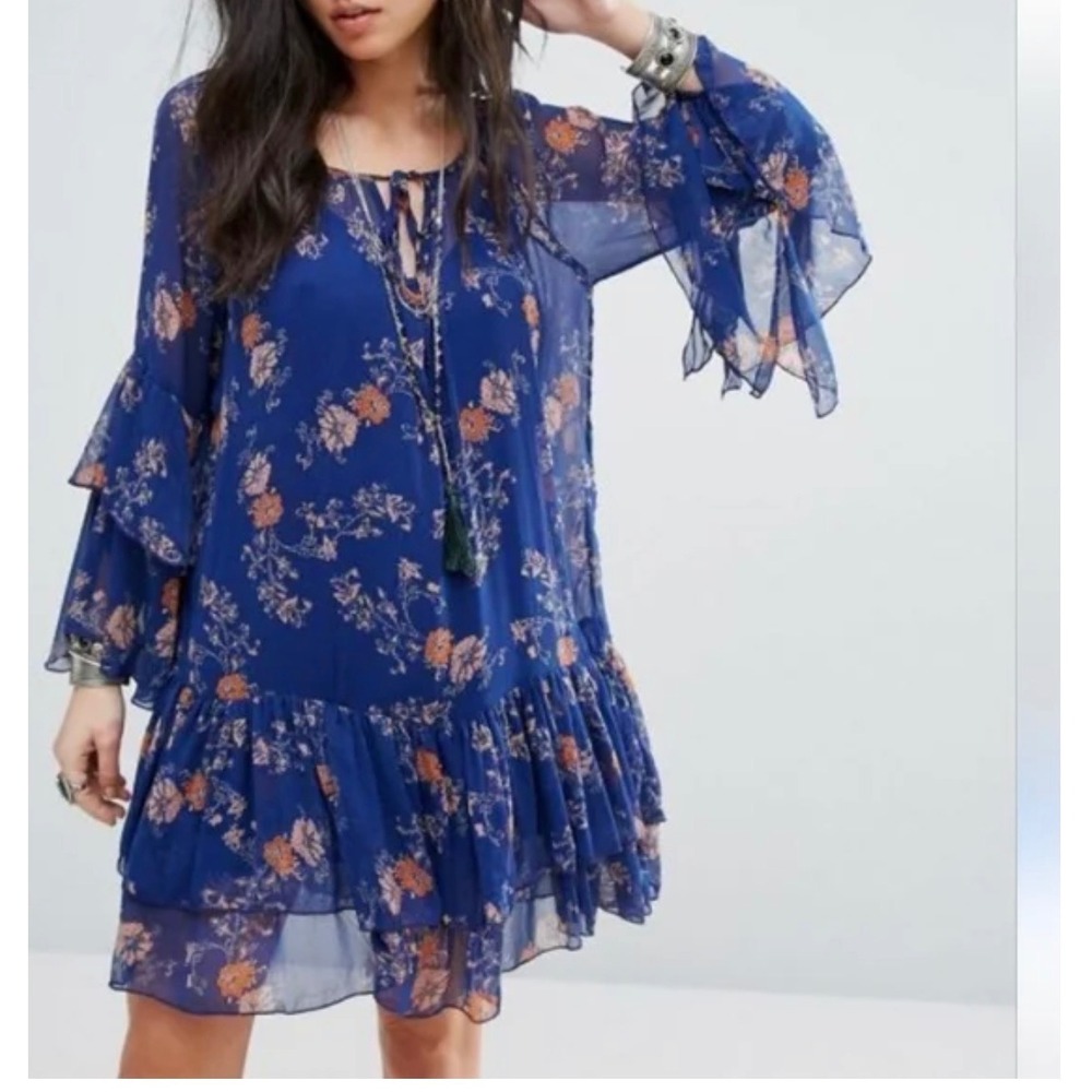Free People Royal Blue Floral Tie-Neck Long Sleeve Tiered Mini Dress